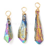 Electroplated Raw Rough Natural Quartz Crystal Copper Wire Wrapped Pendants, Rainbow Plated Teardrop Charms, Light Gold, 27~34.5x7~8x4.5~6mm, Hole: 3.5mm(PALLOY-JF02411-01)