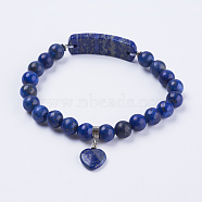 Natural Lapis Lazuli Stretch Bracelets, with Alloy Findings, Heart, 2-3/8 inch(61mm)(BJEW-F308-34C)