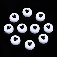Opaque Acrylic Beads, with Enamel, Flat Round with Heart, Black, 7x3.5mm, Hole: 1.2mm, about 3600~3700pcs/500g(MACR-N008-57A)