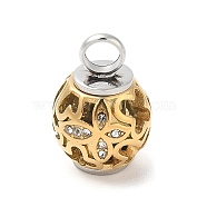 304 Stainless Steel Rhinestone Urn Ashes Pendants, Hollow Round with Buttefly, Golden & Stainless Steel Color, 23x15mm, Hole: 5mm(STAS-Q327-01)