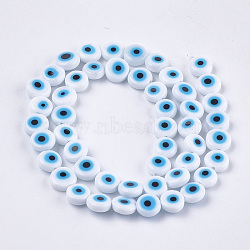 Handmade Evil Eye Lampwork Beads Strands, Flat Round, Creamy White, 7.5x3mm, Hole: 1mm, about 48pcs/strand, 13.7 inch~14.9 inch(LAMP-S191-02B-08)