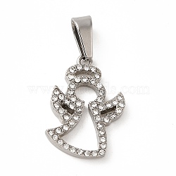 304 Stainless Steel Pendants, with Rhinestone, Angel Charm, Stainless Steel Color, 20x14x2.5mm, Hole: 7.5x3.5mm(STAS-M321-07P)