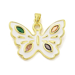 Brass Enamel with Glass Pendants, Real 18K Gold Plated, Butterfly, White, 23x33.5x4.5mm, Hole: 4.5x3mm(KK-R159-17G-02)