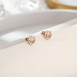304 Stainless Steel Stud Earrings for Women, Lion Head, Rose Gold, 8x7mm(FU7169-3)
