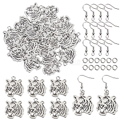 DIY Earring Making Kits, Including 30Pcs Tibetan Style Tiger Pendants, 50Pcs Brass Jump Rings, 50Pcs Iron Earring Hooks , Platinum & Silver, 27x24x2mm, Hole: 3mm(DIY-AR0001-77)