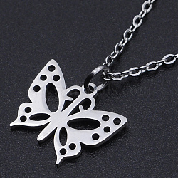 201 Stainless Steel Pendants Necklaces, with Cable Chains and Lobster Claw Clasps, Butterfly, Stainless Steel Color, 15-3/4 inch(40cm), 1.5mm(NJEW-S105-JN585-40-1)