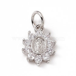 Brass Micro Pave Cubic Zirconia Charms, with Jump Ring, Oval Flower with Religion Virgin Mary Charm, Platinum, 12x9x2mm, Hole: 3mm(ZIRC-F132-36P)