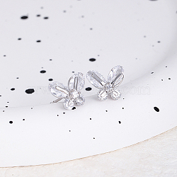 Brass with Cubic Zirconia Stud Earrings, Butterfly, Platinum, 8x10mm(EZ1044)