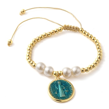 Adjustable Flat Round with Holy Virgin Charms Bracelet, Brass and Resin Braided Beads Bracelets, Real 18K Gold Plated, Dark Turquoise, Inner Diameter: 1-7/8~x3-1/2 inch(4.7~8.9cm)