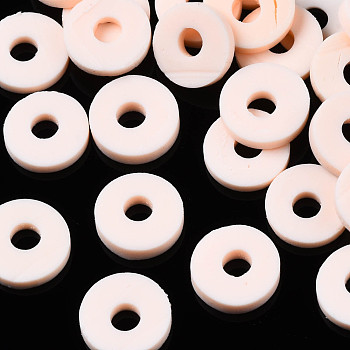 Eco-Friendly Handmade Polymer Clay Beads, Disc/Flat Round, Heishi Beads, Misty Rose, 8x0.5~1mm, Hole: 2mm, about 13000pcs/1000g