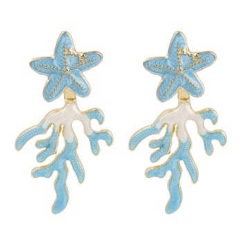 Coral with Starfish Enamel Stud Earrings, Earrings Front and Back, Golden, Green, 35x19mm