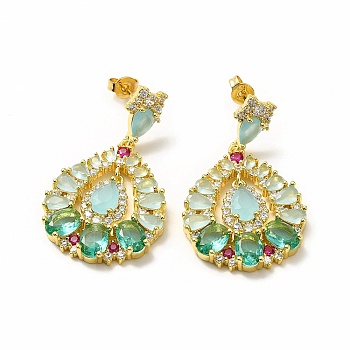 Colorful Cubic Zirconia & Rhinestone Teardrop Dangle Stud Earrings, Rack Plating Brass Jewelry for Women, Lead Free & Cadmium Free, Real 18K Gold Plated, 38mm, Pin: 0.8mm