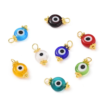 Handmade Evil Eye Lampwork Charms, with Brass Eye Pin and Tibetan Style Alloy Spacer Beads, Flat Round, Mixed Color, 14.5x8x3.5mm, Hole: 2.4mm