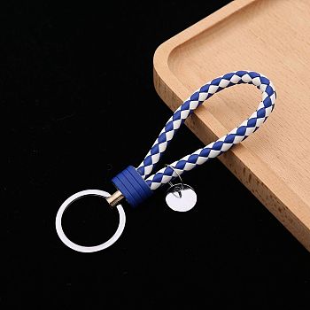 PU Leather Knitting Keychains, Wristlet Keychains, with Platinum Tone Plated Alloy Key Rings, Royal Blue, 12.5x3.2cm