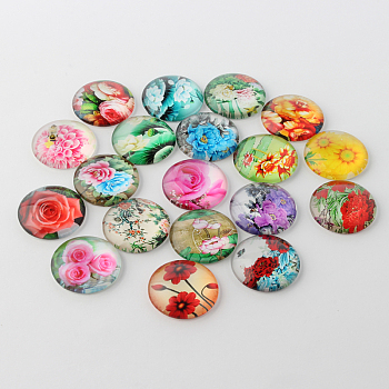 Flower Printed Glass Cabochons, Half Round/Dome, Mixed Color, 25x7mm