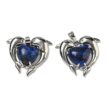 Dyed Natural Lapis Lazuli Heart Pendants, Rack Plating Brass Dolphin Charms, Platinum, Cadmium Free & Lead Free, 29x32.5x8.5mm, Hole: 8x5mm