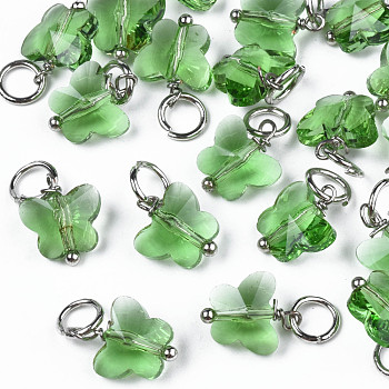 Faceted Transparent Glass Charms, with Iron Jump Ring, Butterfly, Light Green, 13~14x9.8x6mm, Hole: 4mm
