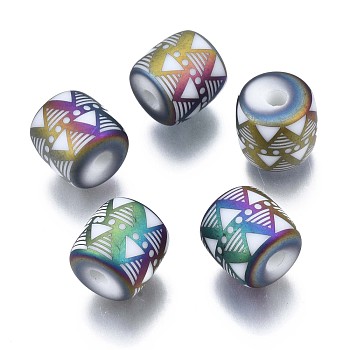 Electroplate Glass Beads, Frosted, Column with Triangle Pattern, Colorful, 11.5x11.5mm, Hole: 2.5mm, about 100pcs/bag