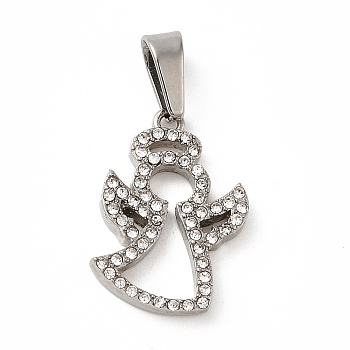 304 Stainless Steel Pendants, with Rhinestone, Angel Charm, Stainless Steel Color, 20x14x2.5mm, Hole: 7.5x3.5mm