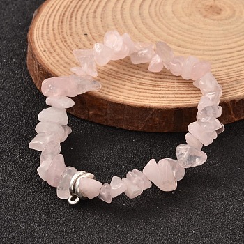 Chip Natural Rose Quartz Beaded Stretch Bracelets, with Antique Silver Plated Alloy Tube Bails, 53mm