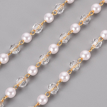 Handmade ABS Plastic Imitation Pearl Beads Beaded Chains, with Cubic Zirconia and Brass Findings, Soldered, Spool, Real 18K Gold Plated, 4mm, about 16.4 Feet(5m)/roll