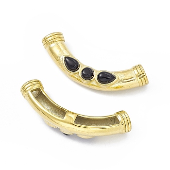 Ion Plating(IP) 304 Stainless Steel Beads, with Natural Obsidian, Curved Tube, Black, 14x40x9mm, Hole: 3mm & 14x3mm