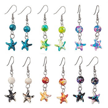 304 Stainless Steel Dangle Earring, with Starfish Synthetic Turquoise, Mixed Color, 48~51x13~14.5mm, 6pair/set