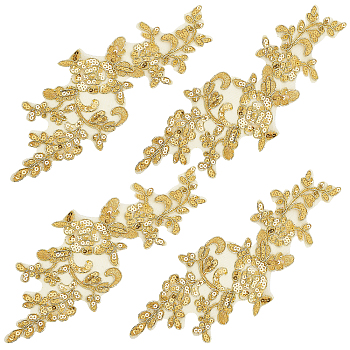 4 Pairs Leaves Polyster Embroidery Ornaments Accessories, Lace Sequins Clothing Sew on Patches, Suitable for Wedding Dress, Performance Clothes, Gold, 240x100x1mm