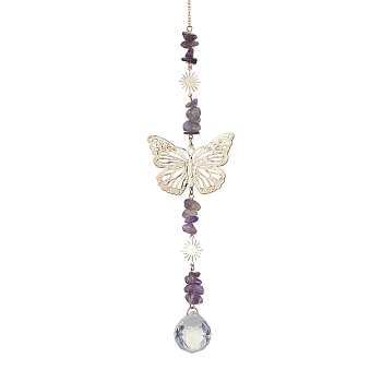 Butterfly Brass Pendant Decorations, with Glass Pendants and Amethyst Beads, 315mm