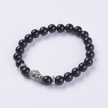 Natural Black Agate Beads Stretch Bracelets, with Alloy Finding, Buddha's Head, Dyed & Heated, 2-1/8 inch(55mm)