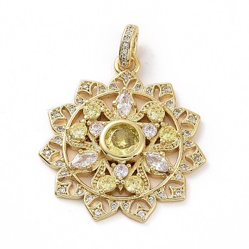 Brass Micro Pave Cubic Zirconia Pendants, Flower Charms, Clear & Light Yellow, Real 18K Gold Plated, 32x29x4mm, Hole: 4x2mm