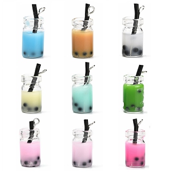 Glass Bottle Pendants, with Resin Inside, Imitation Bubble Tea/Boba Milk Tea, Mixed Color, 27x12x10mm, Hole: 1.8mm
