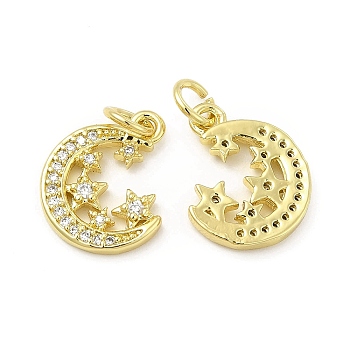 Brass Micro Pave Cubic Zirconia Charms, with Jump Ring, Moon with Star Charm, Golden, 14.8x11.8x2mm, Hole: 2.5mm