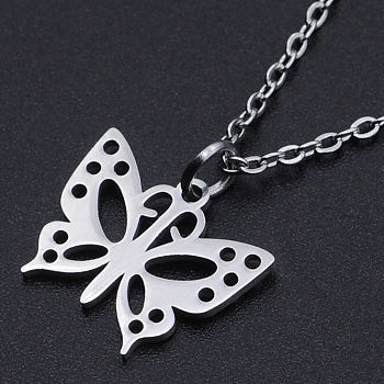 201 Stainless Steel Pendants Necklaces, with Cable Chains and Lobster Claw Clasps, Butterfly, Stainless Steel Color, 15-3/4 inch(40cm), 1.5mm