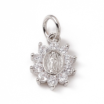 Brass Micro Pave Cubic Zirconia Charms, with Jump Ring, Oval Flower with Religion Virgin Mary Charm, Platinum, 12x9x2mm, Hole: 3mm