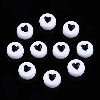 Opaque Acrylic Beads, with Enamel, Flat Round with Heart, Black, 7x3.5mm, Hole: 1.2mm, about 3600~3700pcs/500g
