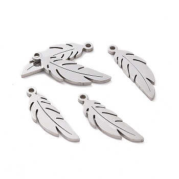 304 Stainless Steel Pendants, Feather, Stainless Steel Color, 20.5x6.5x1mm, Hole: 1mm