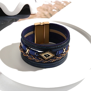 Imitation Leather Crod Multi-strand Bracelet, Bohemia Bracelets for Women, Rhombus Glass Seed Beads Bracelet, Bohemia Bracelets with Magnetic Clasps, Midnight Blue, 7-5/8 inch(19.5cm)