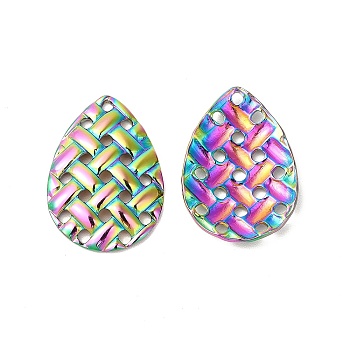 Ion Plating(IP) 304 Stainless Steel Pendants, Braided Texture Teardrop Charms, Rainbow Color, 24x16.5x2.5mm, Hole: 1.5mm