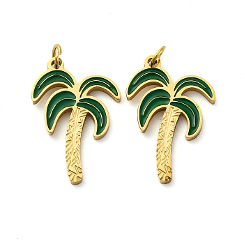 304 Stainless Steel Enamel Pendants, with Jump Ring, Coconut Tree Charms, Ion Plating(IP), Real 18K Gold Plated, Green, 20x13.5x1.5mm, Hole: 2.5mm