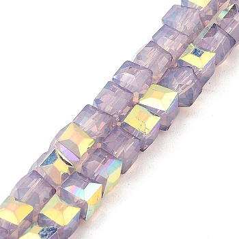 Baking Painted Glass Beads Strands, Imitation Opalite, Faceted, AB Color Plated, Cube, Thistle, 6.5x6.5x6mm, Hole: 1.2mm, about 95pcs/strand, 22.83~23.03''(58~58.5cm)