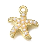 Brass & ABS Imitation Pearl Pendants, Starfish Charms, Rack Plating, Long-Lasting Plated, Lead Free & Cadmium Free, Real 18K Gold Plated, 15.5x13.5x3.5mm, Hole: 1.6mm(KK-K427-51G)