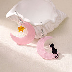 Valentine's Day Acrylic Dangle Earrings, Moon with Cat Shape & Star, Left and Right, Platinum, Pink, 62x31mm(FS-WGE7447-04)