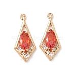 Brass Micro Pave Cubic Zirconia Pendants, Nickel Free, Rhombus, Real 18K Gold Plated, Red, 23x10x4mm, Hole: 1.2mm(X-KK-S531-04G-A)