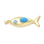 Ocean Dyed Synthetic Turquoise Pendants, Brass Micro Pave Blue Cubic Zirconia Fish Charms, Real 18K Gold Plated, Long-Lasting Plated, Rack Plating, Lead Free & Cadmium Free, 42x14x9mm, Hole: 5x3mm(GG-CBA6980-13G-D)