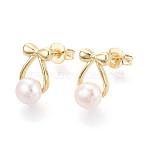 Brass & Natural Pearl Stud Earrings, Bowknot, Real 18K Gold Plated, 12~13x7mm(PEAR-N020-WX06)