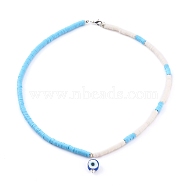 Polymer Clay Evil Eye Pendant Necklaces, Heishi Beads, with Brass Lobster Claw Clasps, Silver Color Plated, Light Sky Blue, 16.54 inch(42cm)(NJEW-JN03379)