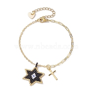 Glass Seed Star & Brass Cross Charm Bracelets, with Paperclip Chains, Golden, 7-1/8 inch(18cm)(BJEW-MZ00044)