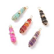 Natural & Synthetic Mixed Stone Pointed Pendants, with Real 18K Gold Plated Tone Copper Wire Wrapped and Brass Beads, Bullet Charm, Mixed Dyed and Undyed, 37.5~40x9.5~10.5x11mm, Hole: 2.5~3mm(PALLOY-JF01713)