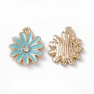 Alloy Rhinestone Pendants, Enamel Style, Light Gold, Chrysanthemum Charm, Medium Turquoise, 17x14x2.5mm, Hole: 1.5mm(PALLOY-P287-01LG-03)